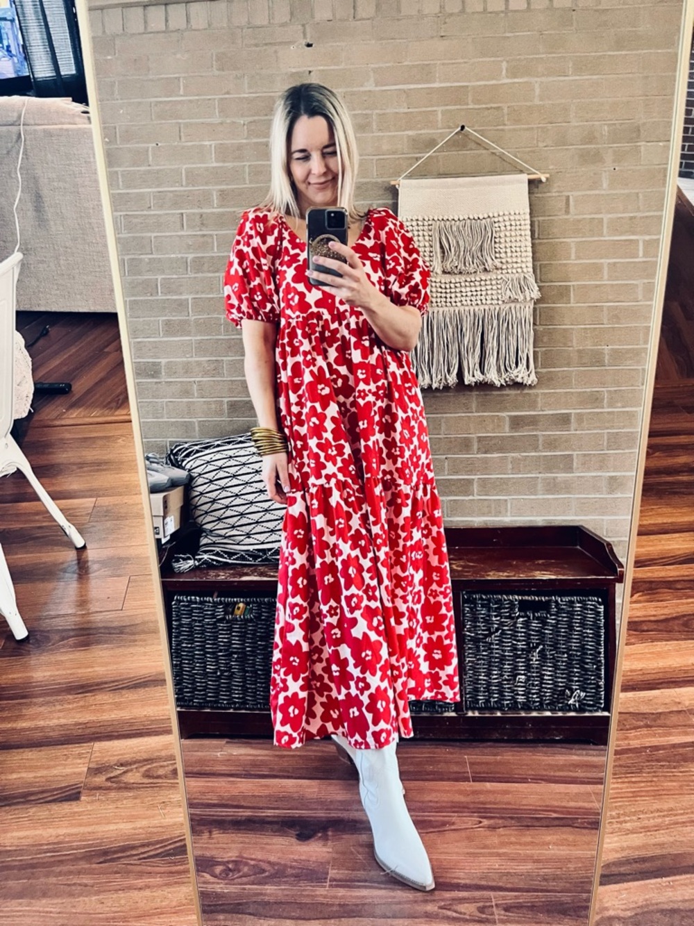 Red & White Floral V-Neck Maxi Dress